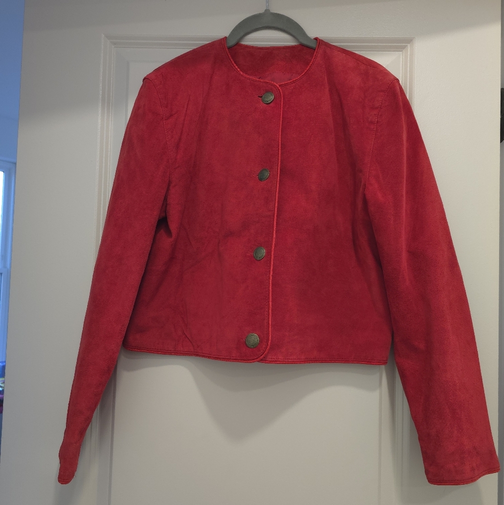 Red leather jacket with matching skirt